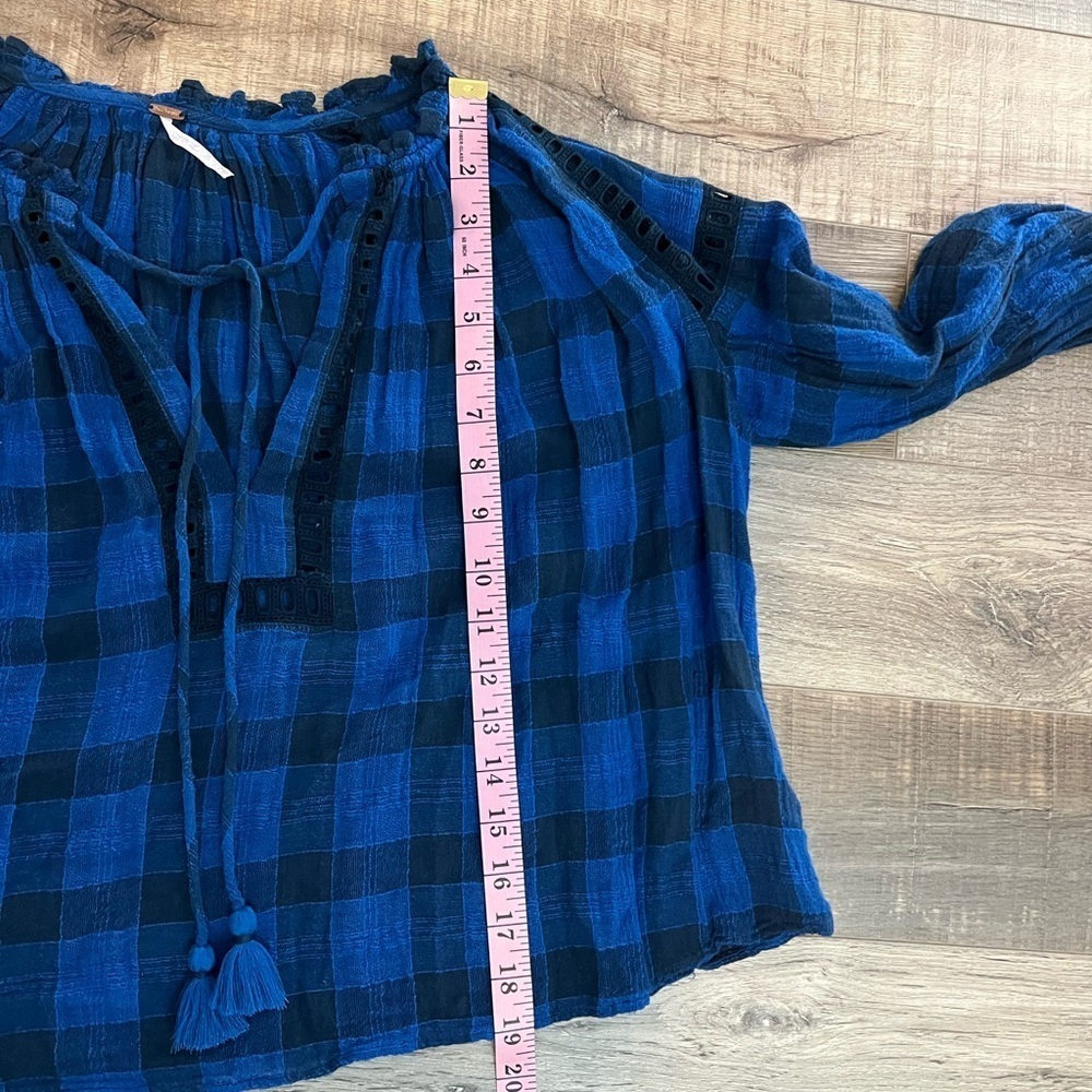 Free People Blue and Black Ruffled Tie Front Blouse with crochet detail M - Picture 7 of 9